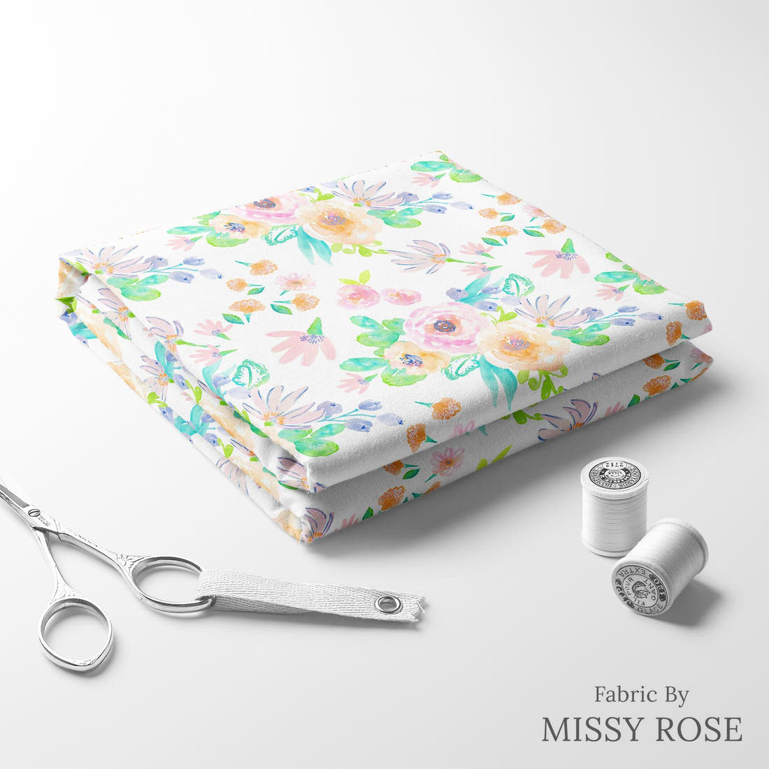 Indy Bloom Fabric Flamingo Summer Flowers 01 folded fabric stack with matching thread - pre-order fabric Australia | Fabric by Missy Rose