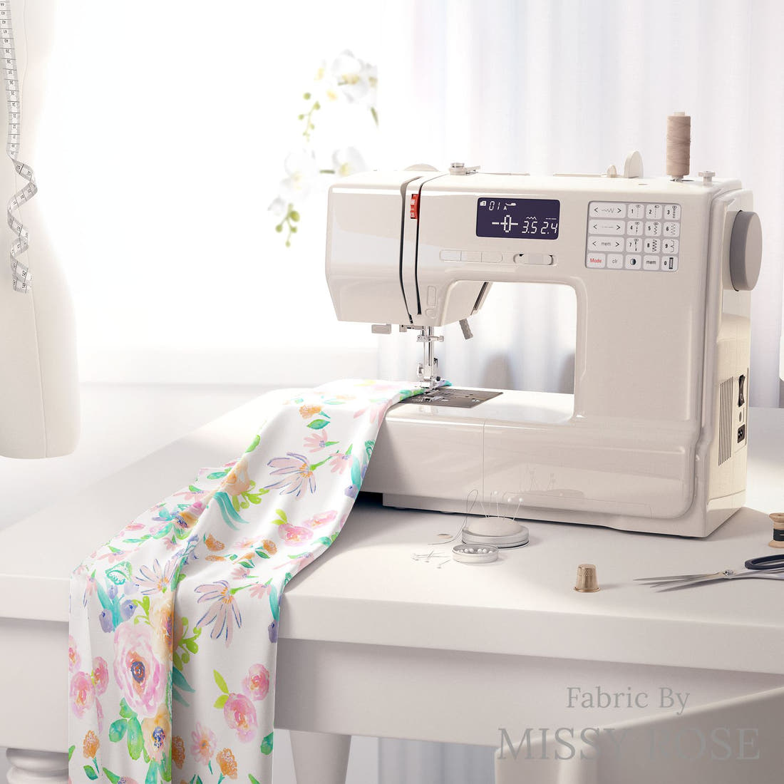 Indy Bloom Fabric Flamingo Summer Flowers 01 fabric on a sewing machine - sew your own | Fabric by Missy Rose