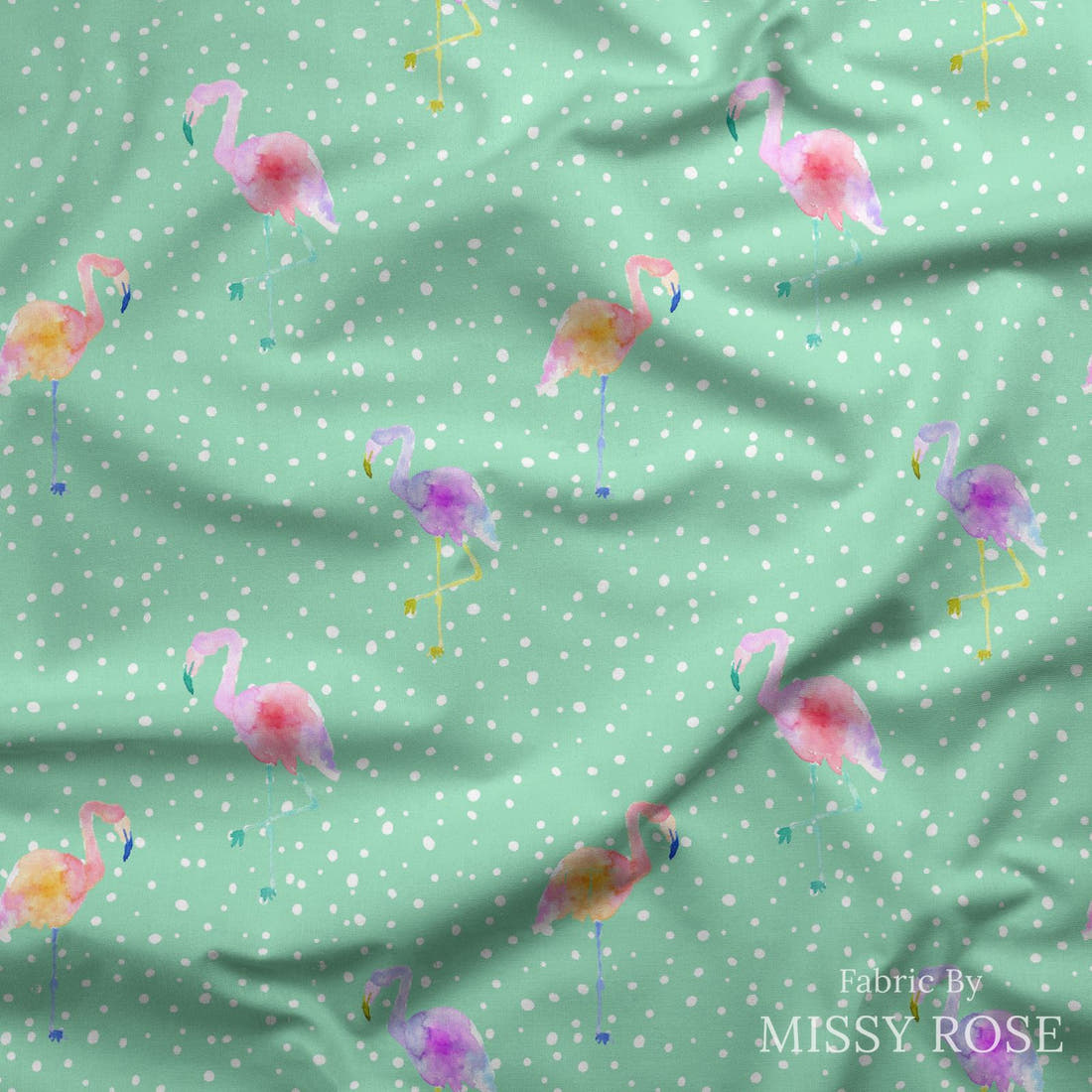 Indy Bloom Fabric Flamingo Summer Green 03 draped fabric mockup - custom printed fabric by the metre | Fabric by Missy Rose