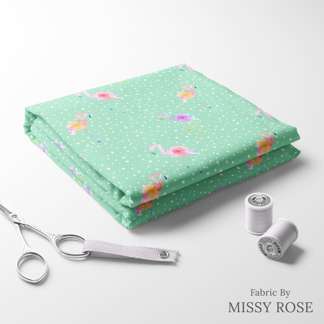 Indy Bloom Fabric Flamingo Summer Green 03 folded fabric stack with matching thread - pre-order fabric Australia | Fabric by Missy Rose