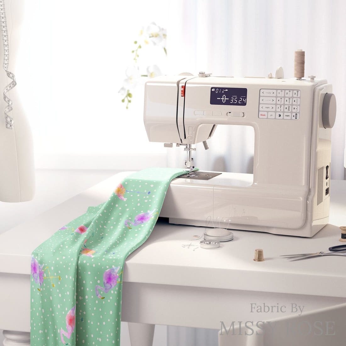 Indy Bloom Fabric Flamingo Summer Green 03 fabric on a sewing machine - sew your own | Fabric by Missy Rose