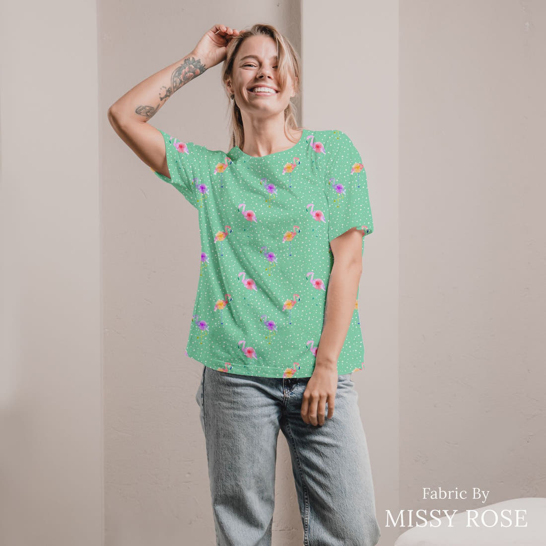Indy Bloom Fabric Flamingo Summer Green 03 sewn into an all-over print shirt - custom printed fabric | Fabric by Missy Rose