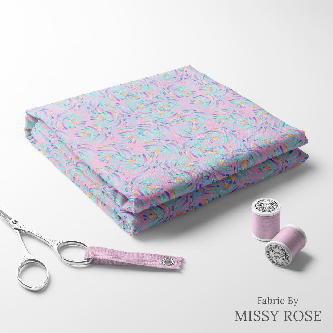 Indy Bloom Fabric Flamingo Summer Palm 04 folded fabric stack with matching thread - pre-order fabric Australia | Fabric by Missy Rose