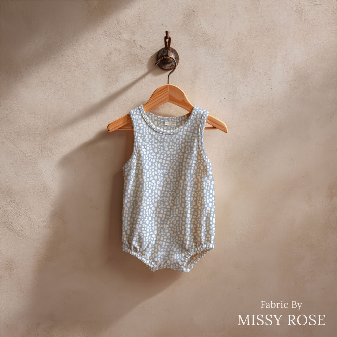 Indy Bloom Fabric Flamingo Summer Pebble Blue 10 sewn into a baby romper - custom printed fabric | Fabric by Missy Rose