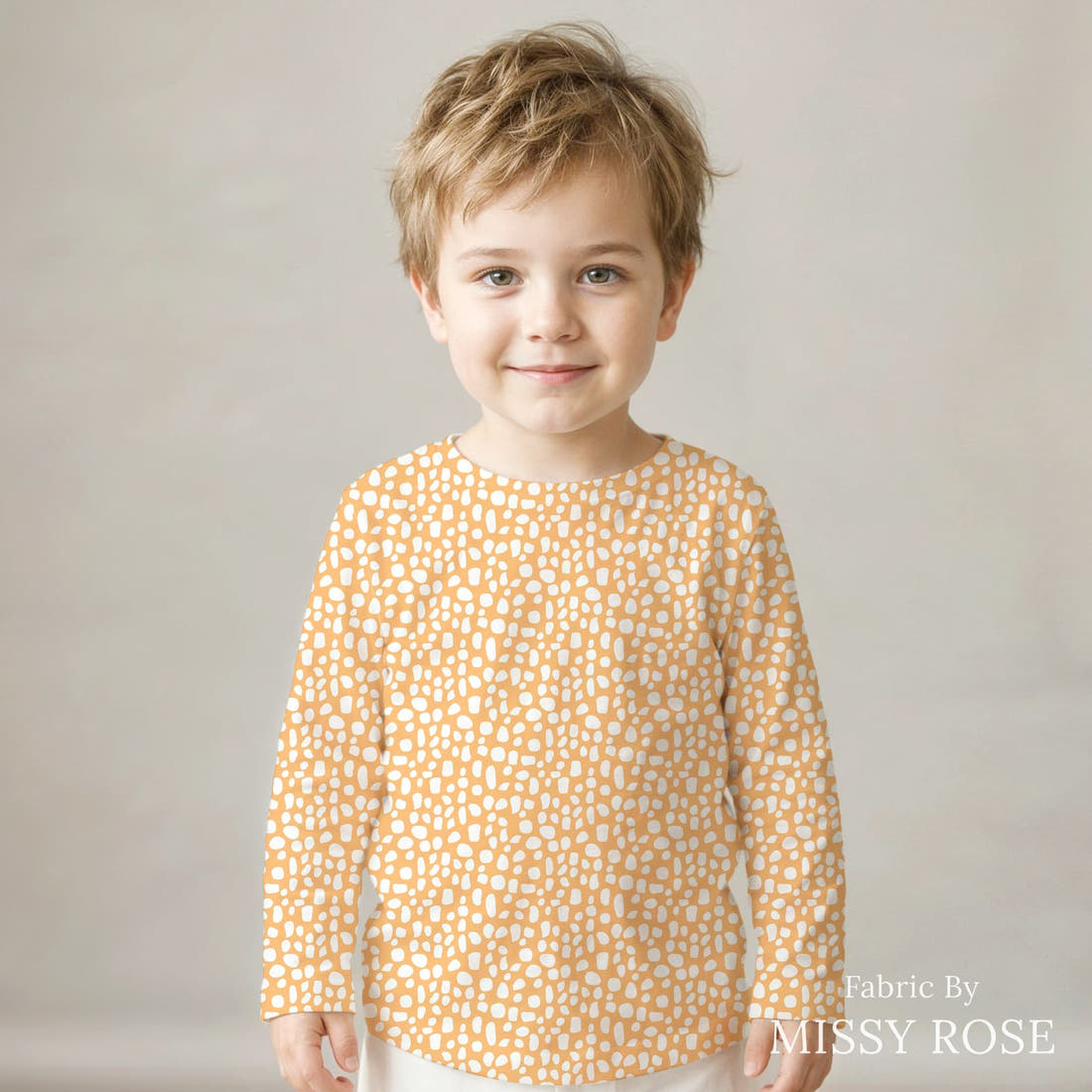 Indy Bloom Fabric Flamingo Summer Pebble Orange 11 sewn into a kids' all-over tee - custom printed fabric | Fabric by Missy Rose