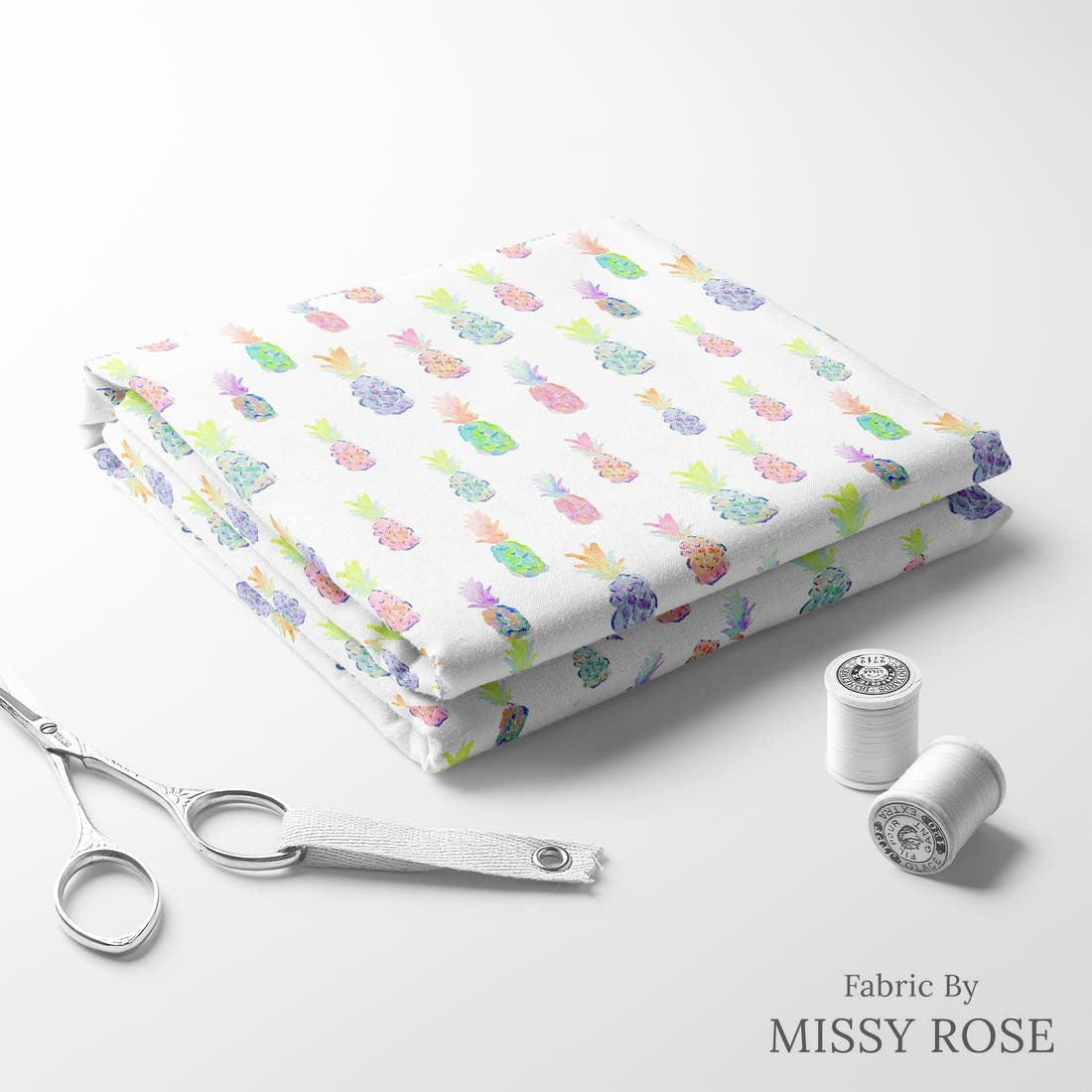 Indy Bloom Fabric Flamingo Summer Pineapple Party White 06 folded fabric stack with matching thread - pre-order fabric Australia | Fabric by Missy Rose