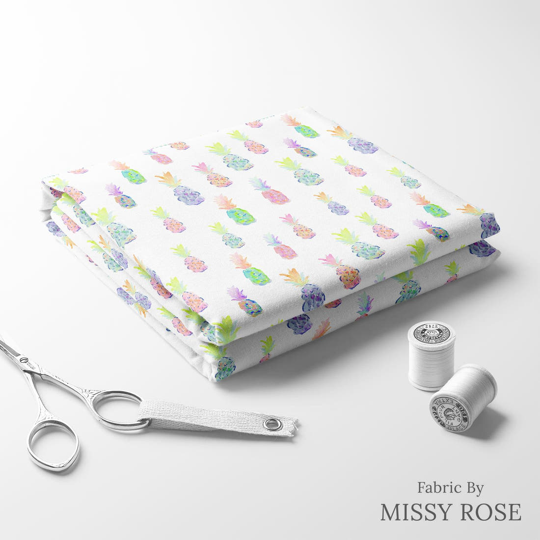 Indy Bloom Fabric Flamingo Summer Pineapple Party White 06 folded fabric stack with matching thread - pre-order fabric Australia | Fabric by Missy Rose