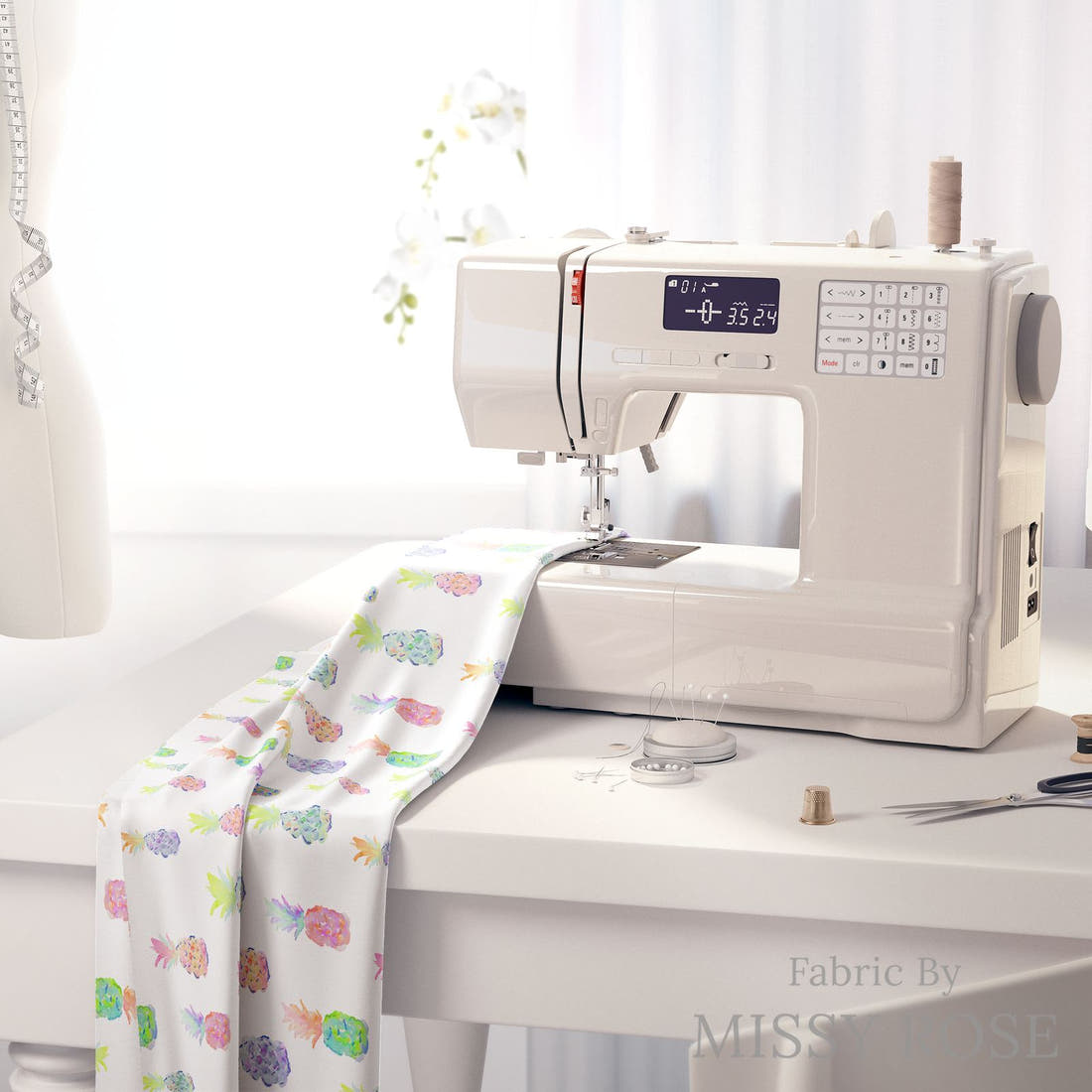 Indy Bloom Fabric Flamingo Summer Pineapple Party White 06 fabric on a sewing machine - sew your own | Fabric by Missy Rose