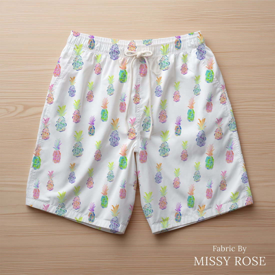 Indy Bloom Fabric Flamingo Summer Pineapple Party White 06 sewn into swim shorts - custom printed fabric | Fabric by Missy Rose