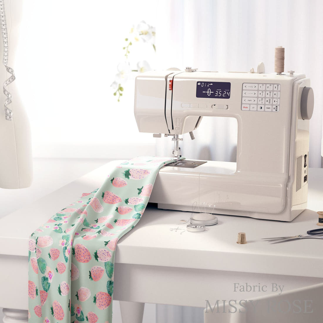 Indy Bloom Fabric Flamingo Summer Strawberry Mint 13 fabric on a sewing machine - sew your own | Fabric by Missy Rose