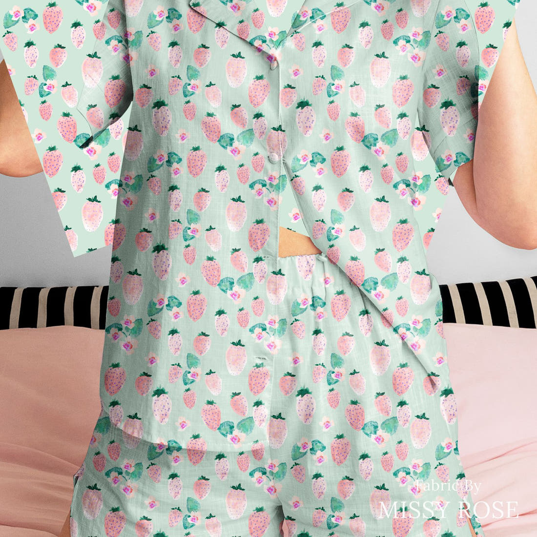 Indy Bloom Fabric Flamingo Summer Strawberry Mint 13 sewn into a women's pyjama set - custom printed fabric | Fabric by Missy Rose