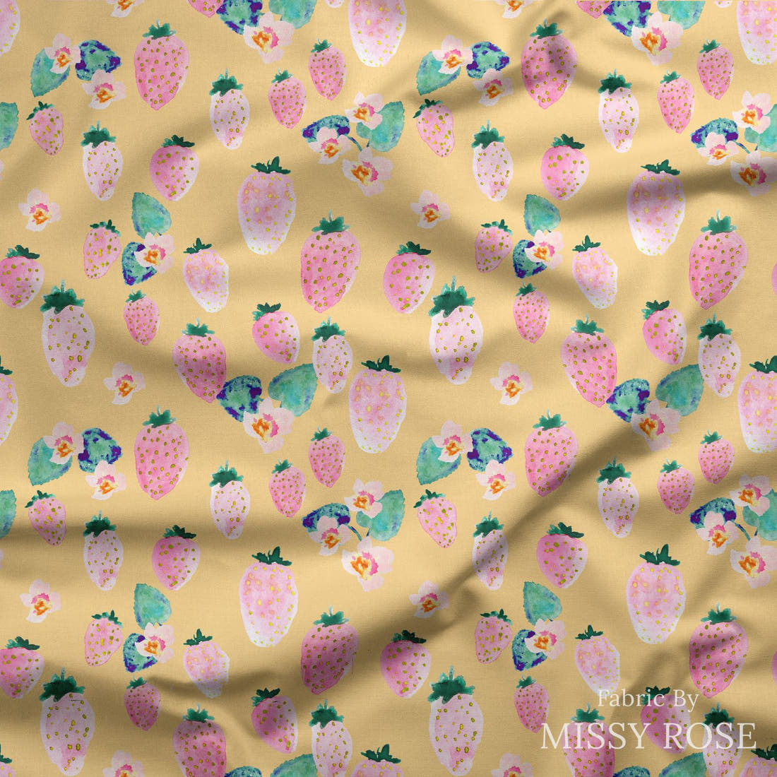 Indy Bloom Fabric Flamingo Summer Strawberry Yellow 12 draped fabric mockup - custom printed fabric by the metre | Fabric by Missy Rose