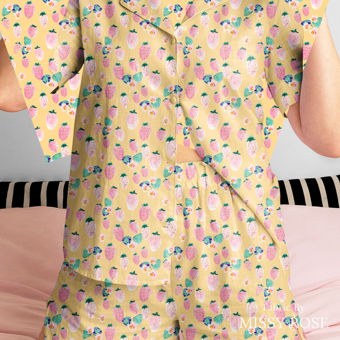 Indy Bloom Fabric Flamingo Summer Strawberry Yellow 12 sewn into a women's pyjama set - custom printed fabric | Fabric by Missy Rose