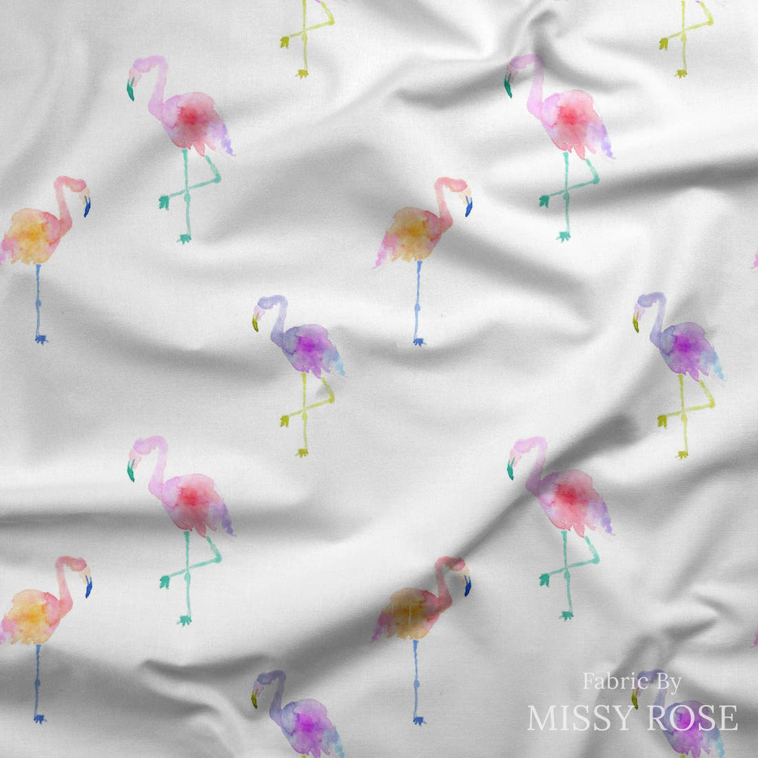 Indy Bloom Fabric Flamingo Summer White 08 draped fabric mockup - custom printed fabric by the metre | Fabric by Missy Rose