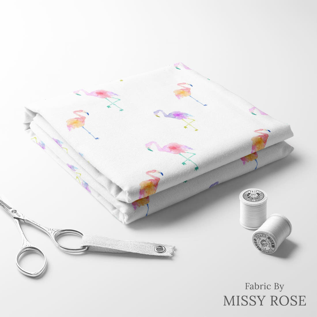 Indy Bloom Fabric Flamingo Summer White 08 folded fabric stack with matching thread - pre-order fabric Australia | Fabric by Missy Rose