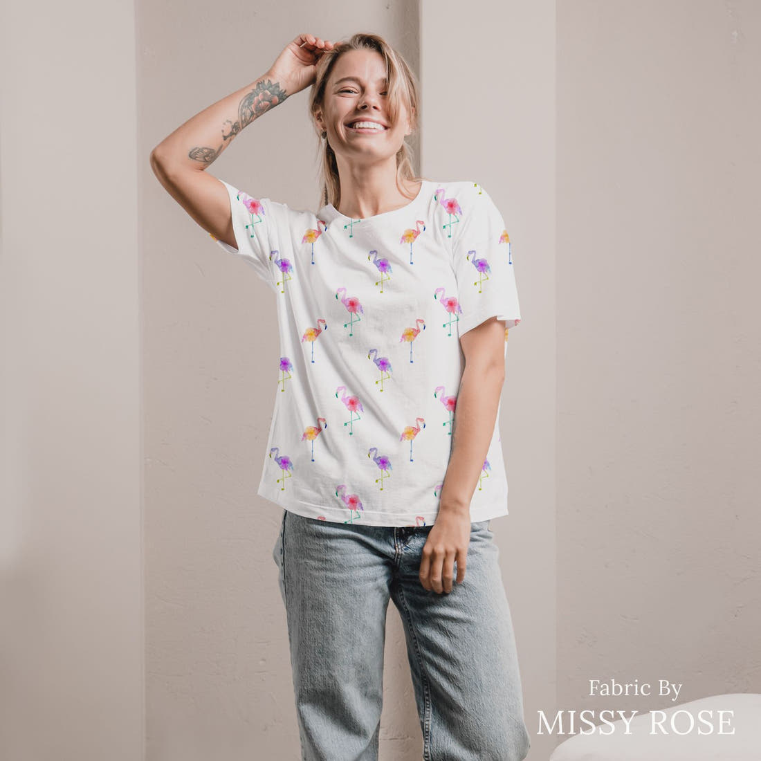 Indy Bloom Fabric Flamingo Summer White 08 sewn into an all-over print shirt - custom printed fabric | Fabric by Missy Rose