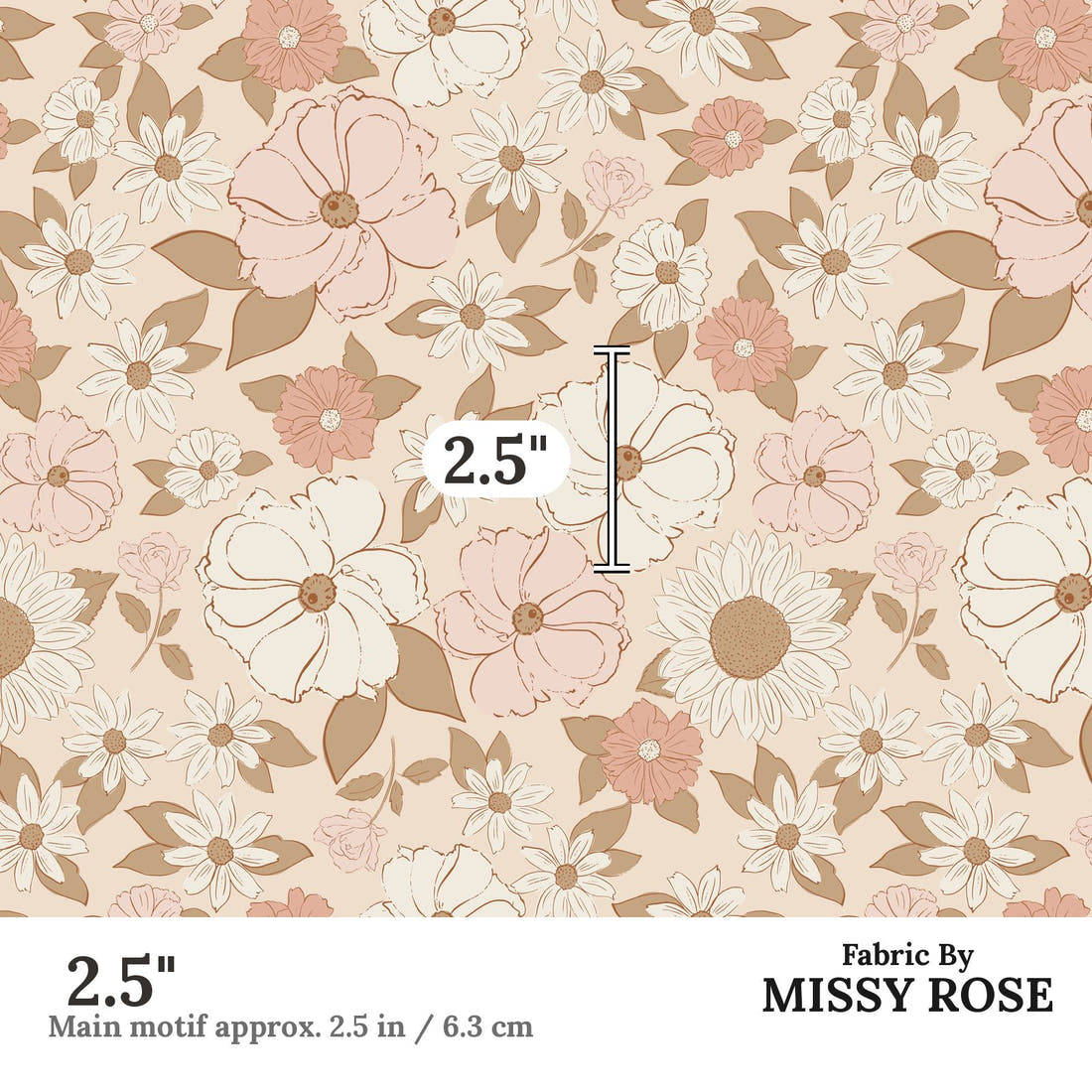 Indy Bloom Fabric Flower Child Blush Boho 03 2.5 inch print scale guide | Fabric by Missy Rose