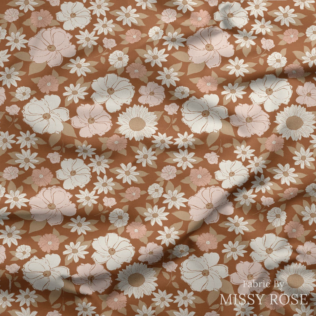 Indy Bloom Fabric Flower Child Boho Brown 02 draped fabric mockup - custom printed fabric by the metre | Fabric by Missy Rose