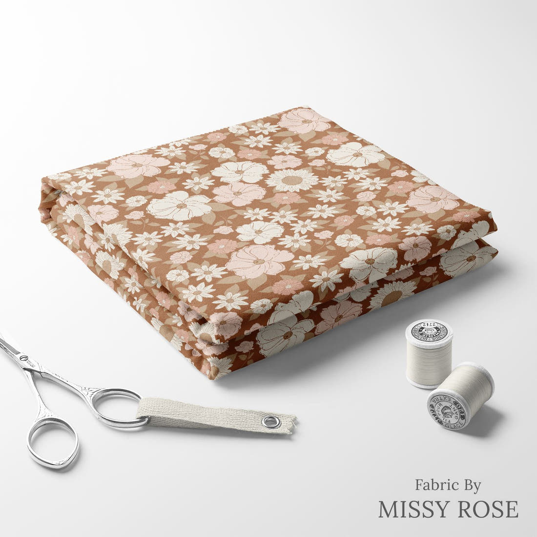 Indy Bloom Fabric Flower Child Boho Brown 02 folded fabric stack with matching thread - pre-order fabric Australia | Fabric by Missy Rose