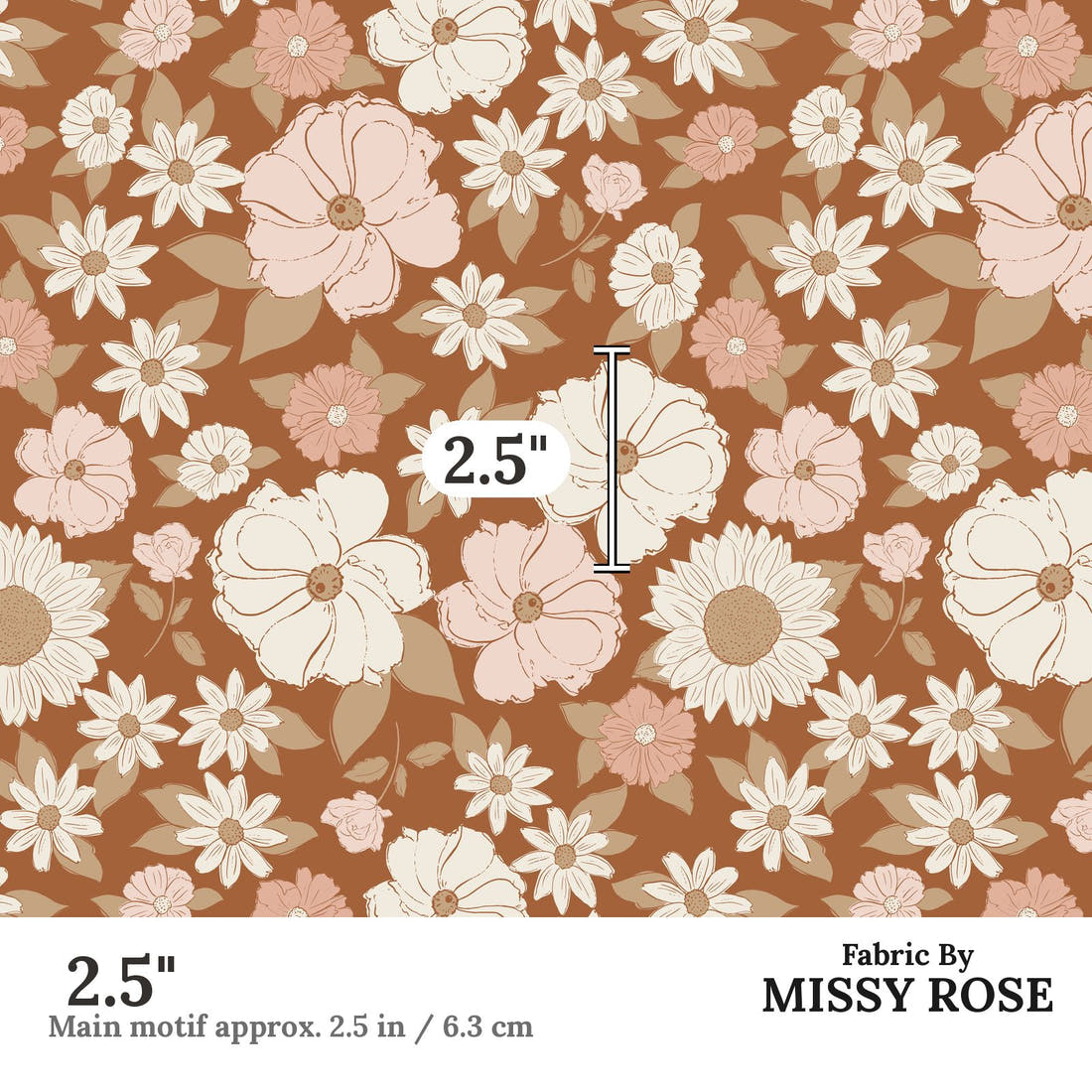 Indy Bloom Fabric Flower Child Boho Brown 02 2.5 inch print scale guide | Fabric by Missy Rose