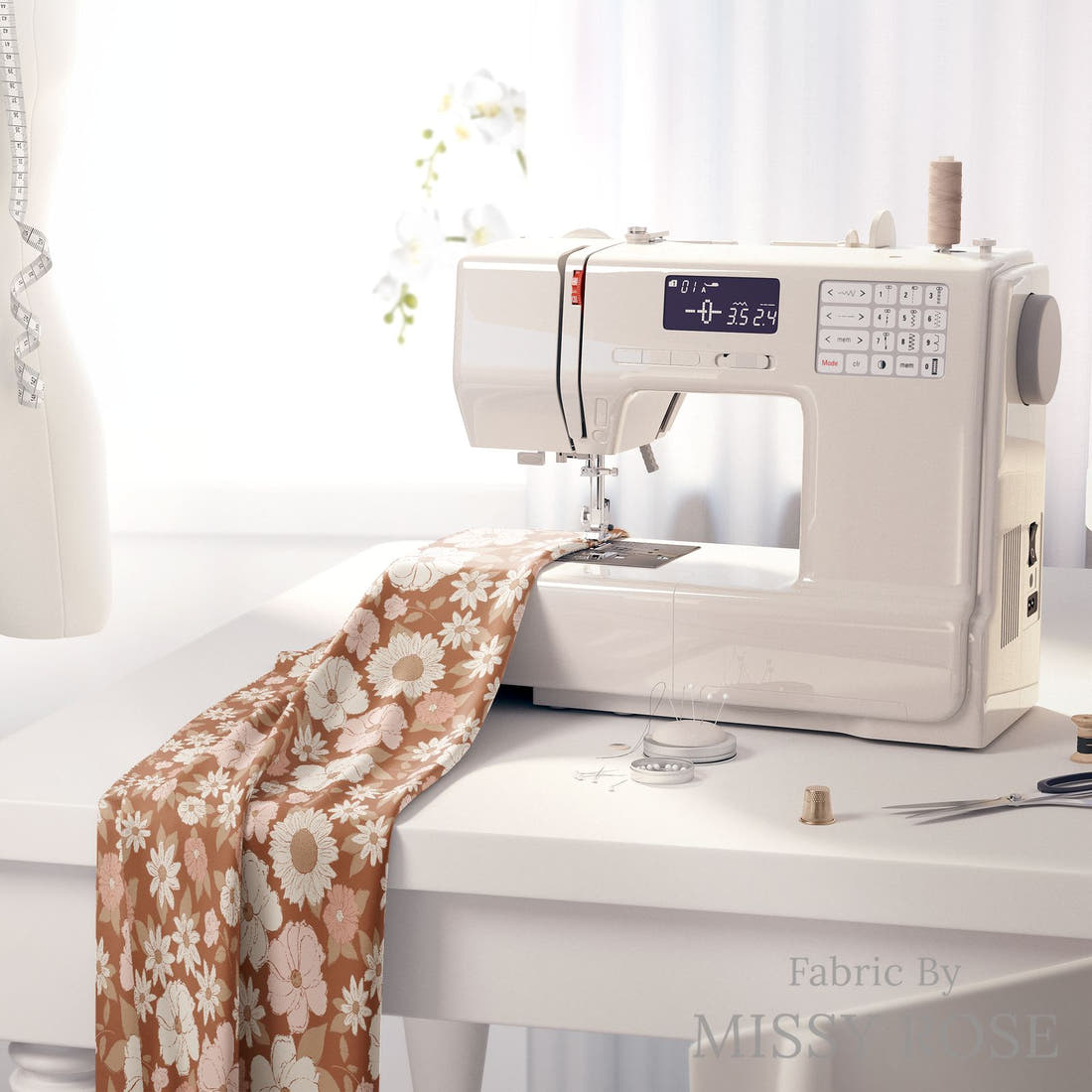 Indy Bloom Fabric Flower Child Boho Brown 02 fabric on a sewing machine - sew your own | Fabric by Missy Rose