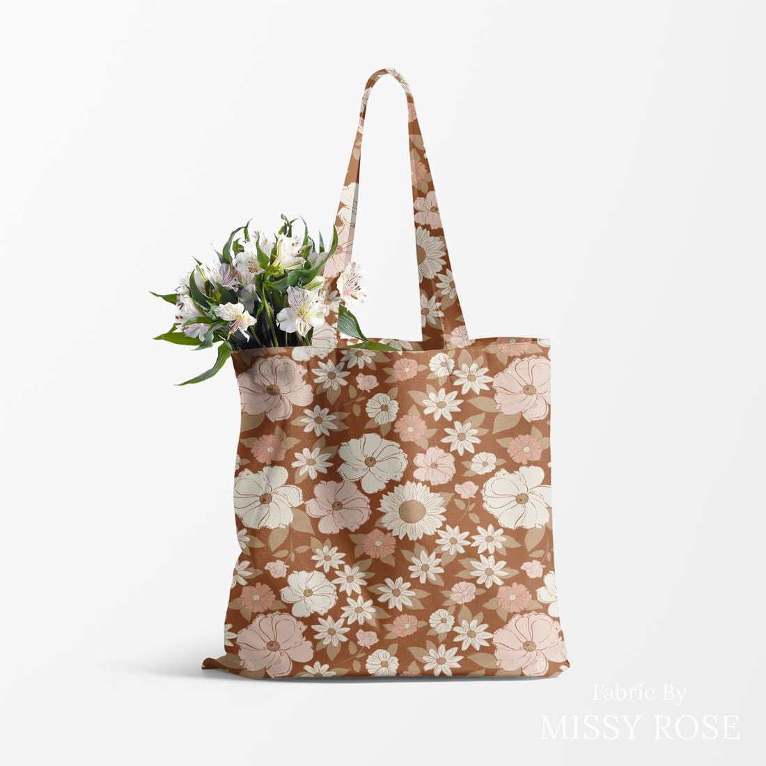 Indy Bloom Fabric Flower Child Boho Brown 02 made up as a tote bag - custom printed fabric | Fabric by Missy Rose