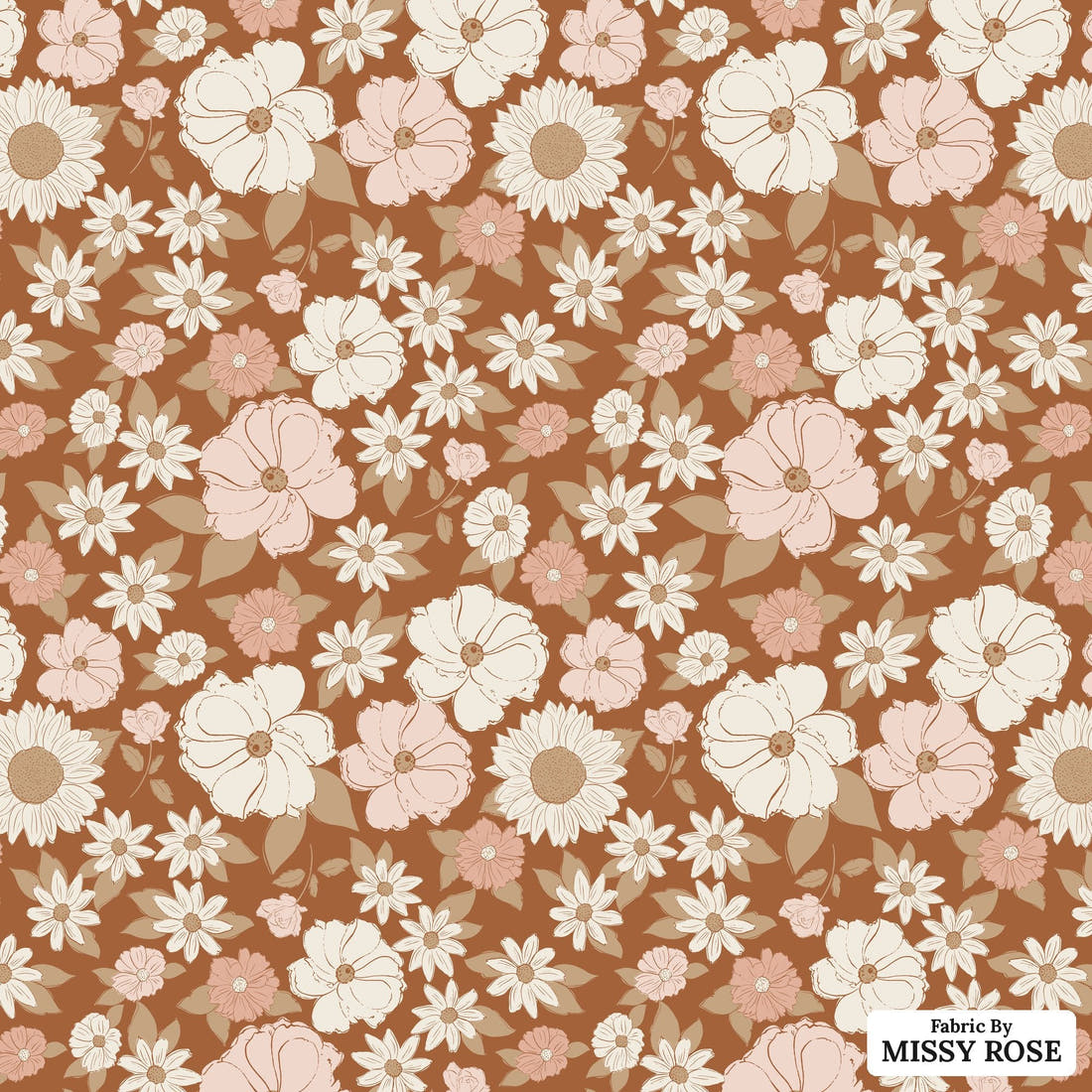 Indy Bloom Fabric Flower Child Boho Brown 02 flat view of the printed design | Fabric by Missy Rose