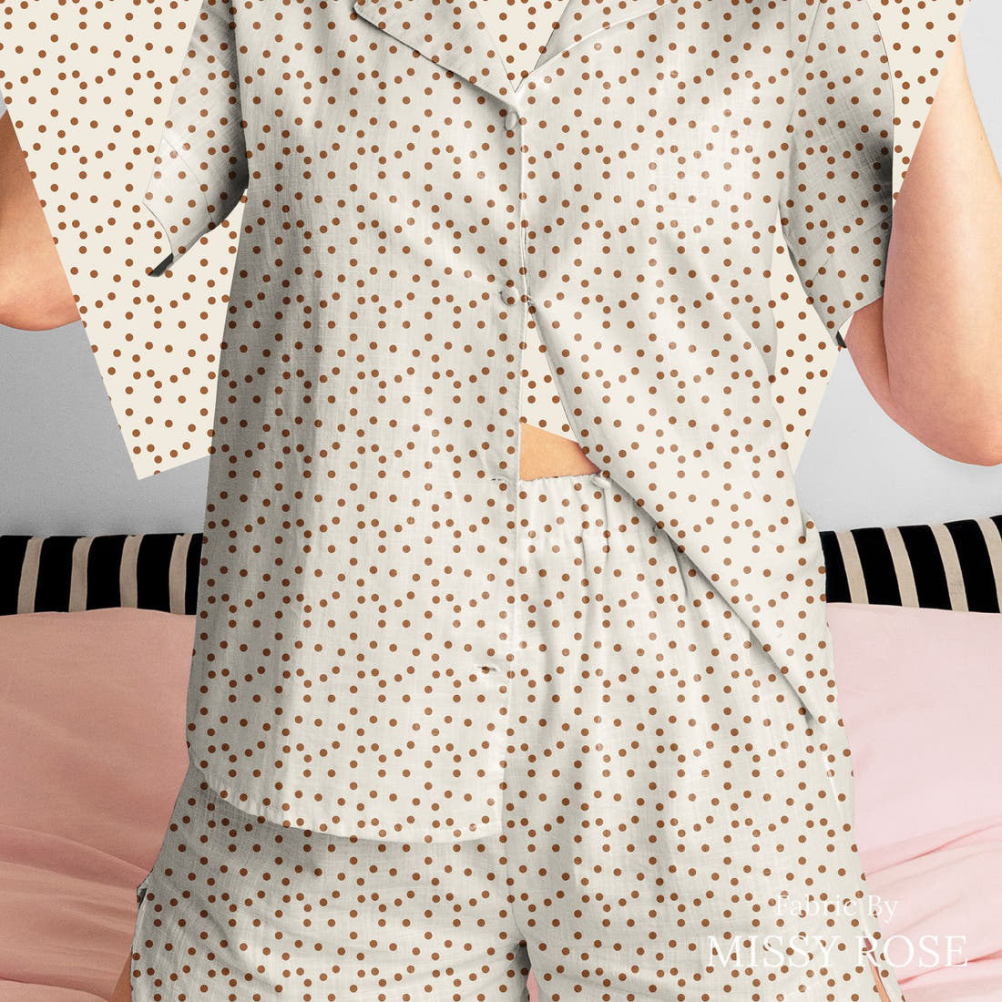 Indy Bloom Fabric Flower Child Boho polka dot in Cream 12 sewn into a women's pyjama set - custom printed fabric | Fabric by Missy Rose