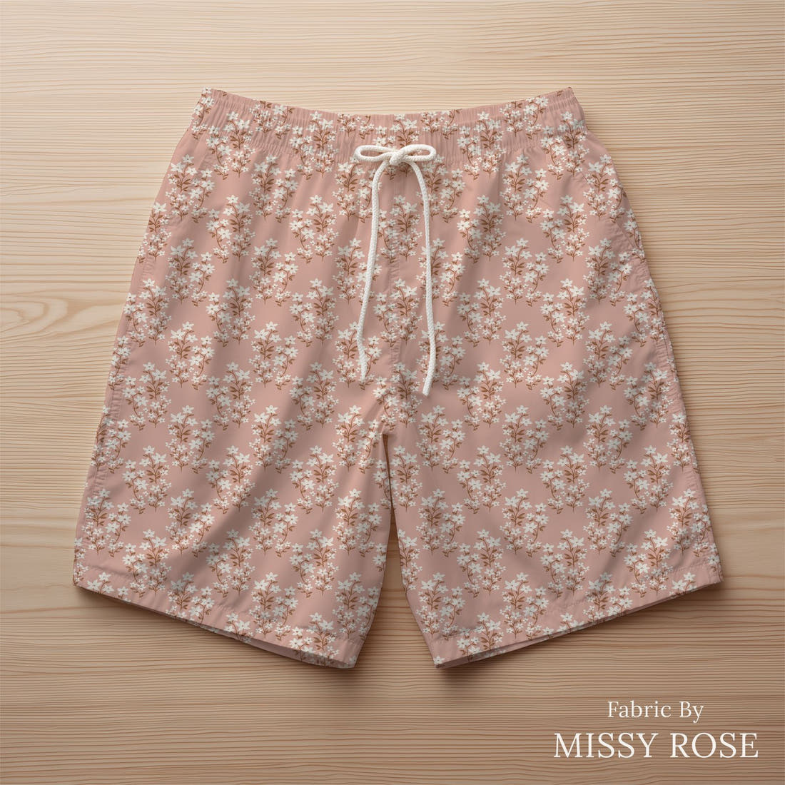 Indy Bloom Fabric Flower Child Ivy in Pink 05 sewn into swim shorts - custom printed fabric | Fabric by Missy Rose