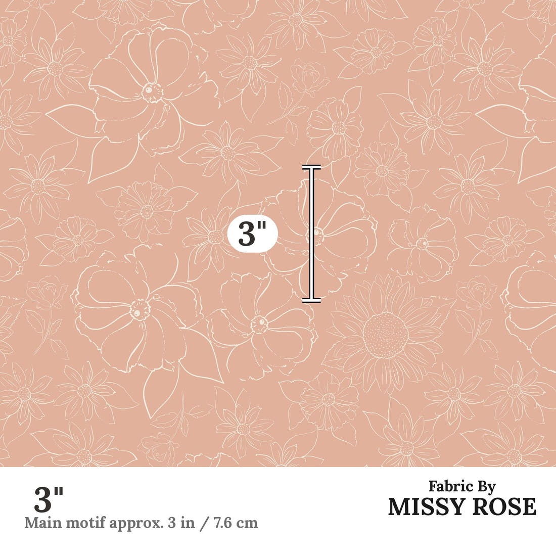 Indy Bloom Fabric Flower Child Sketched floral in Blush 07 3 inch print scale guide | Fabric by Missy Rose