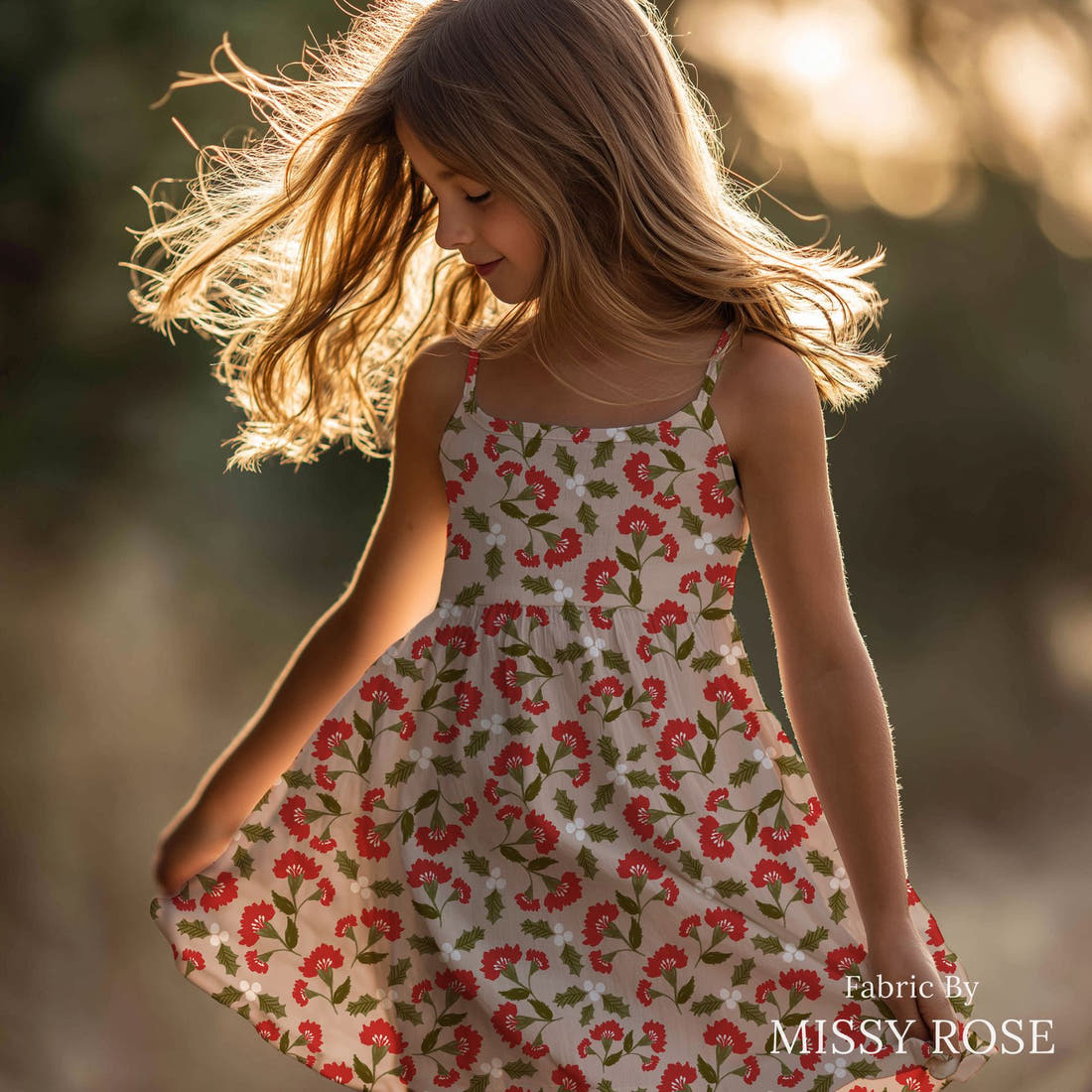 Indy Bloom Fabric Frosty and Bright Bloom 05 sewn into a girls' dress - custom printed fabric | Fabric by Missy Rose
