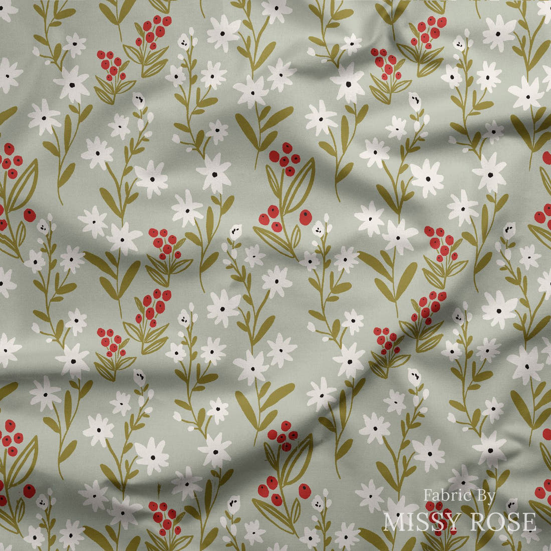 Indy Bloom Fabric Frosty and Bright Frosted Meadow 02 draped fabric mockup - custom printed fabric by the metre | Fabric by Missy Rose
