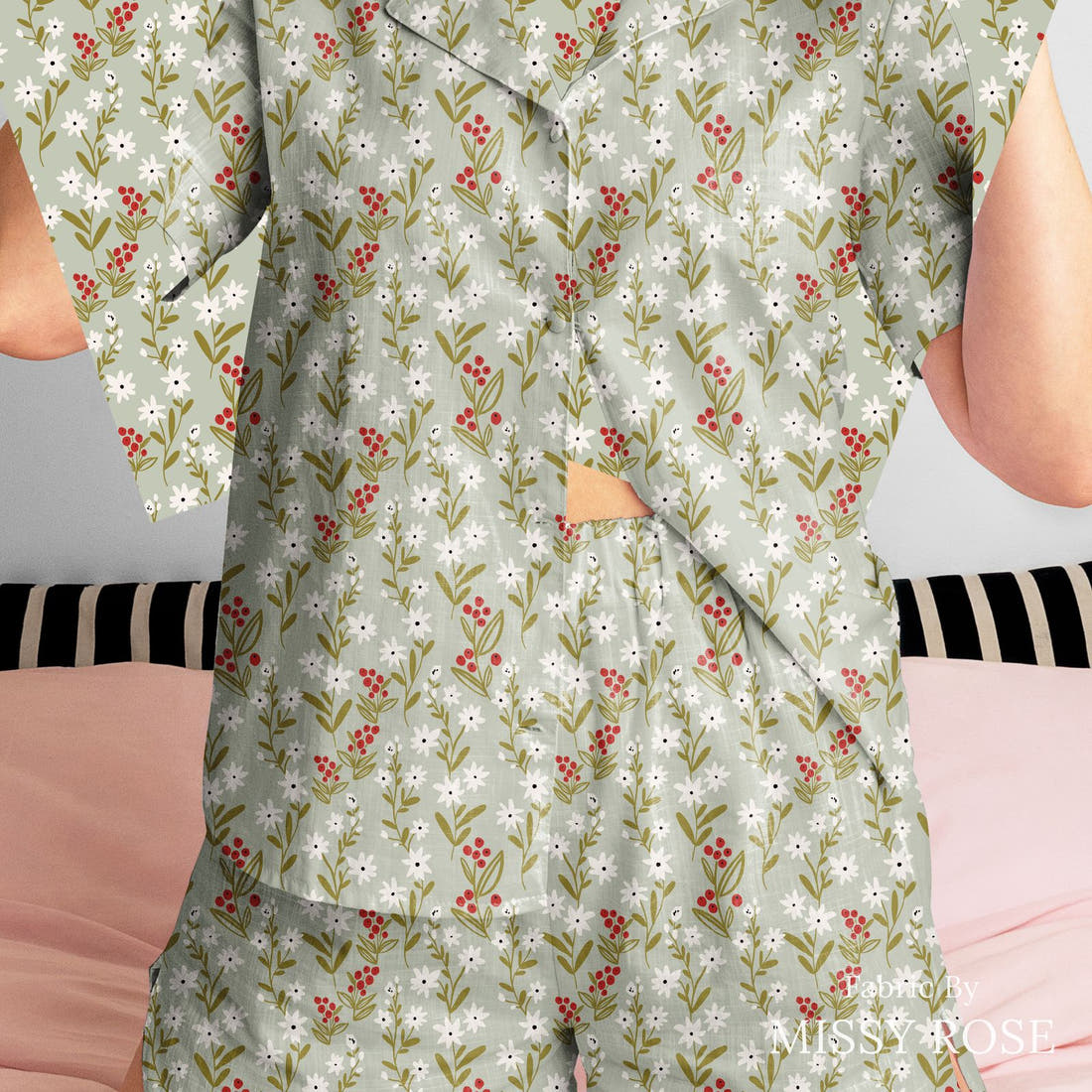 Indy Bloom Fabric Frosty and Bright Frosted Meadow 02 sewn into a women's pyjama set - custom printed fabric | Fabric by Missy Rose