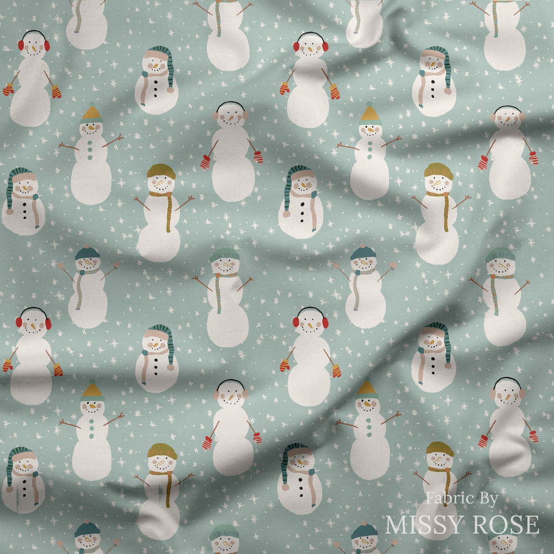 Indy Bloom Fabric Frosty and Bright Frosty Snowman 06 draped fabric mockup - custom printed fabric by the metre | Fabric by Missy Rose