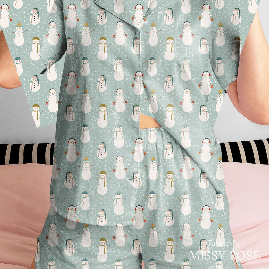 Indy Bloom Fabric Frosty and Bright Frosty Snowman 06 sewn into a women's pyjama set - custom printed fabric | Fabric by Missy Rose