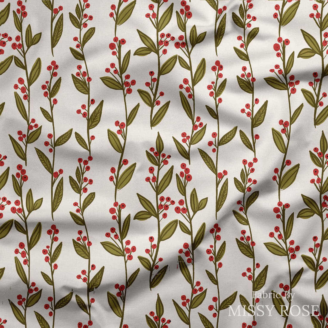 Indy Bloom Fabric Frosty and Bright Holly Branches 03 draped fabric mockup - custom printed fabric by the metre | Fabric by Missy Rose