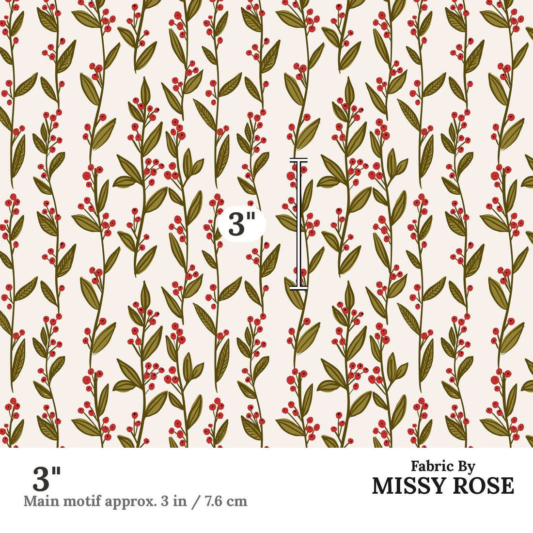 Indy Bloom Fabric Frosty and Bright Holly Branches 03 3 inch print scale guide | Fabric by Missy Rose