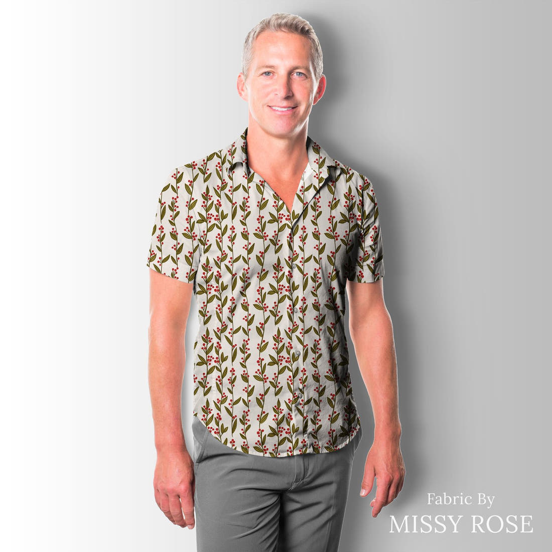 Indy Bloom Fabric Frosty and Bright Holly Branches 03 sewn into a men's shirt - custom printed fabric | Fabric by Missy Rose