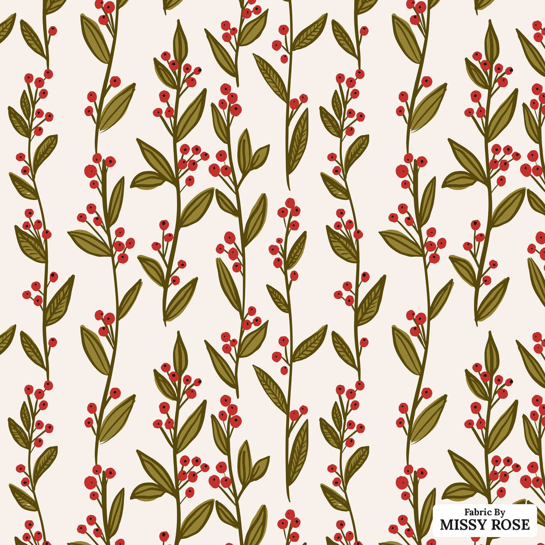 Indy Bloom Fabric Frosty and Bright Holly Branches 03 flat view of the printed design | Fabric by Missy Rose