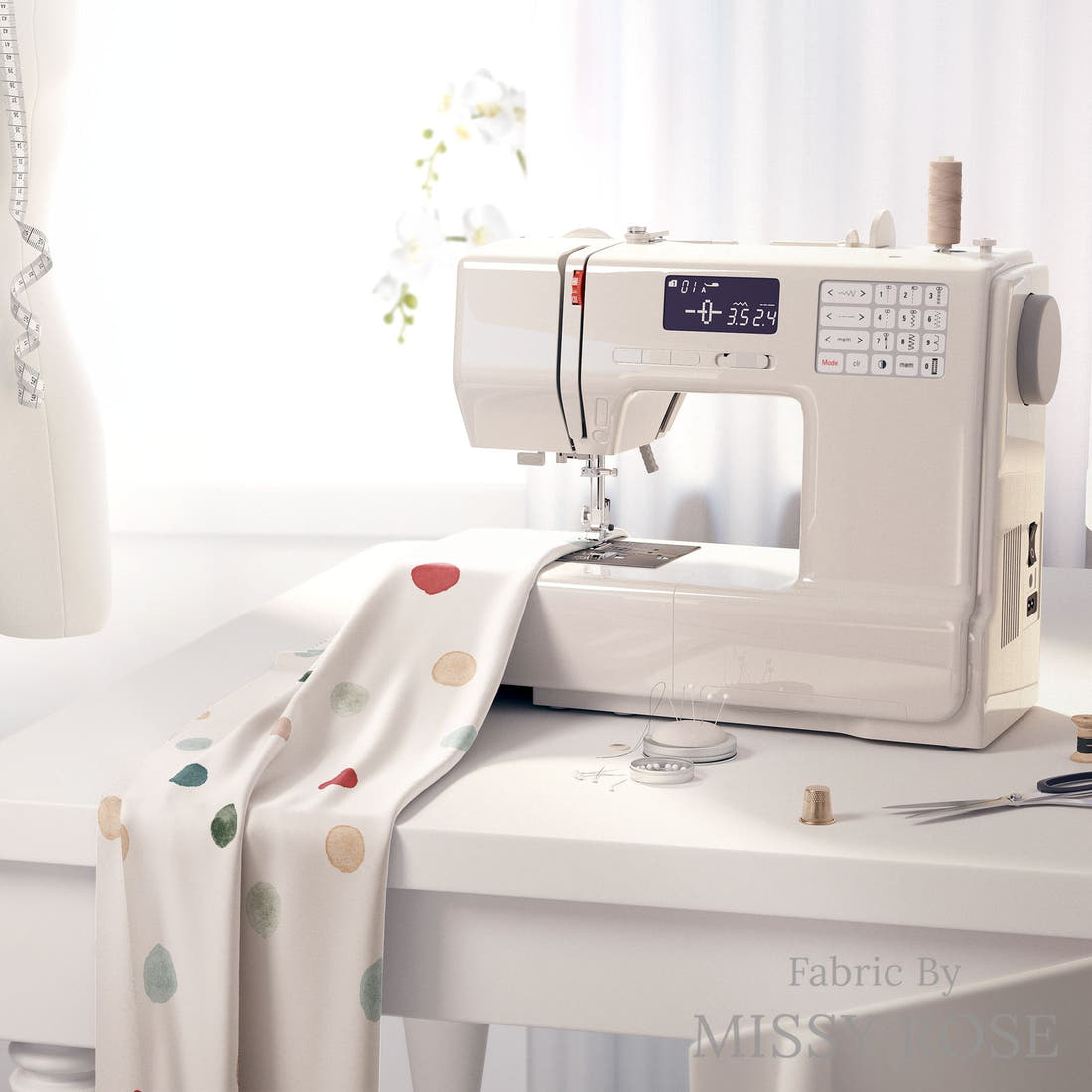 Indy Bloom Fabric Frosty and Bright Polkadot 11 fabric on a sewing machine - sew your own | Fabric by Missy Rose