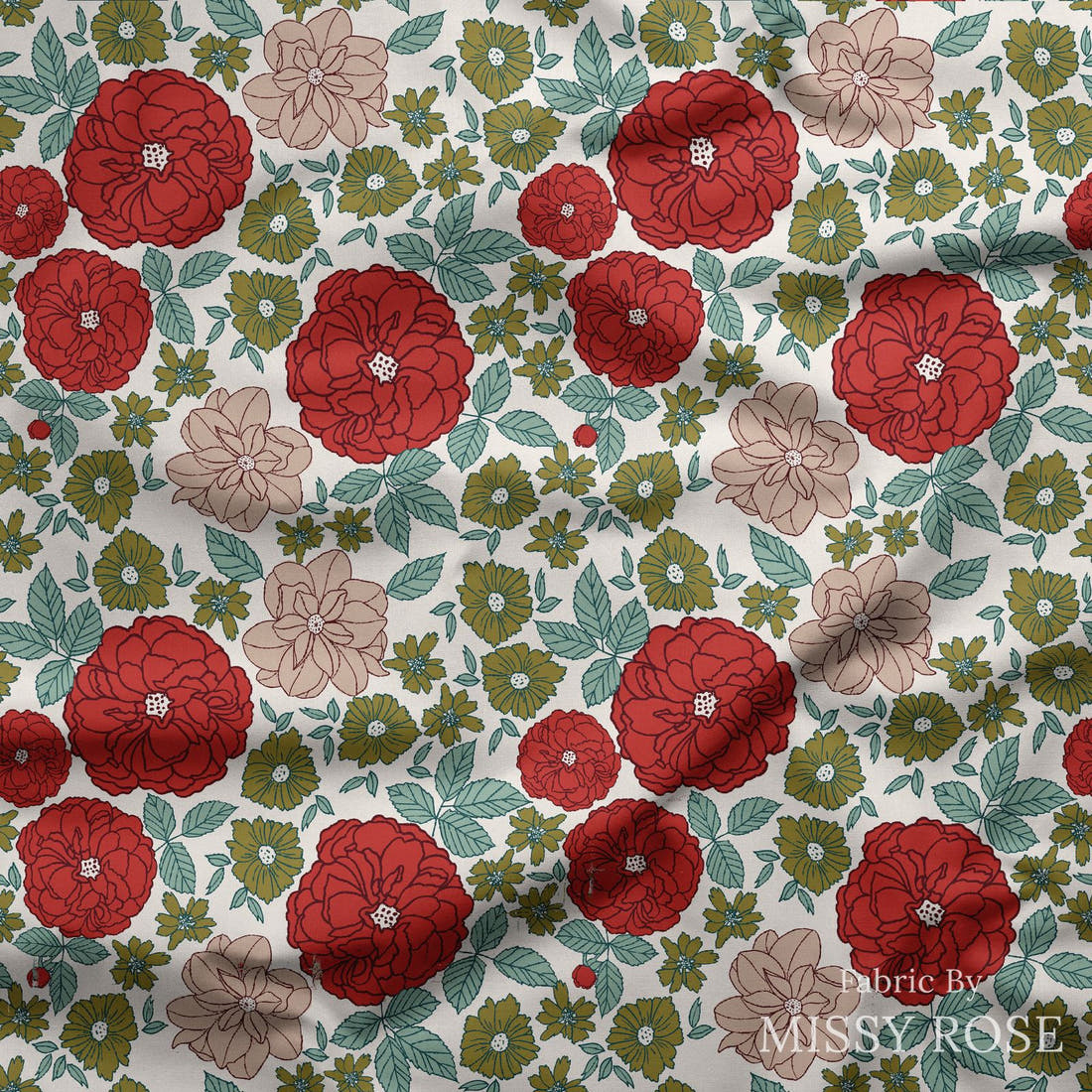 Indy Bloom Fabric Frosty and Bright Retro Floral 01 draped fabric mockup - custom printed fabric by the metre | Fabric by Missy Rose