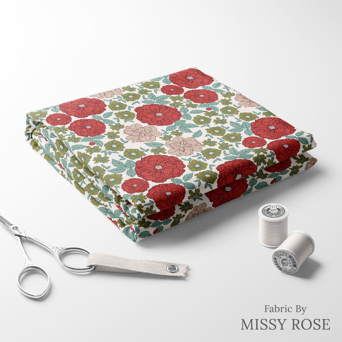 Indy Bloom Fabric Frosty and Bright Retro Floral 01 folded fabric stack with matching thread - pre-order fabric Australia | Fabric by Missy Rose