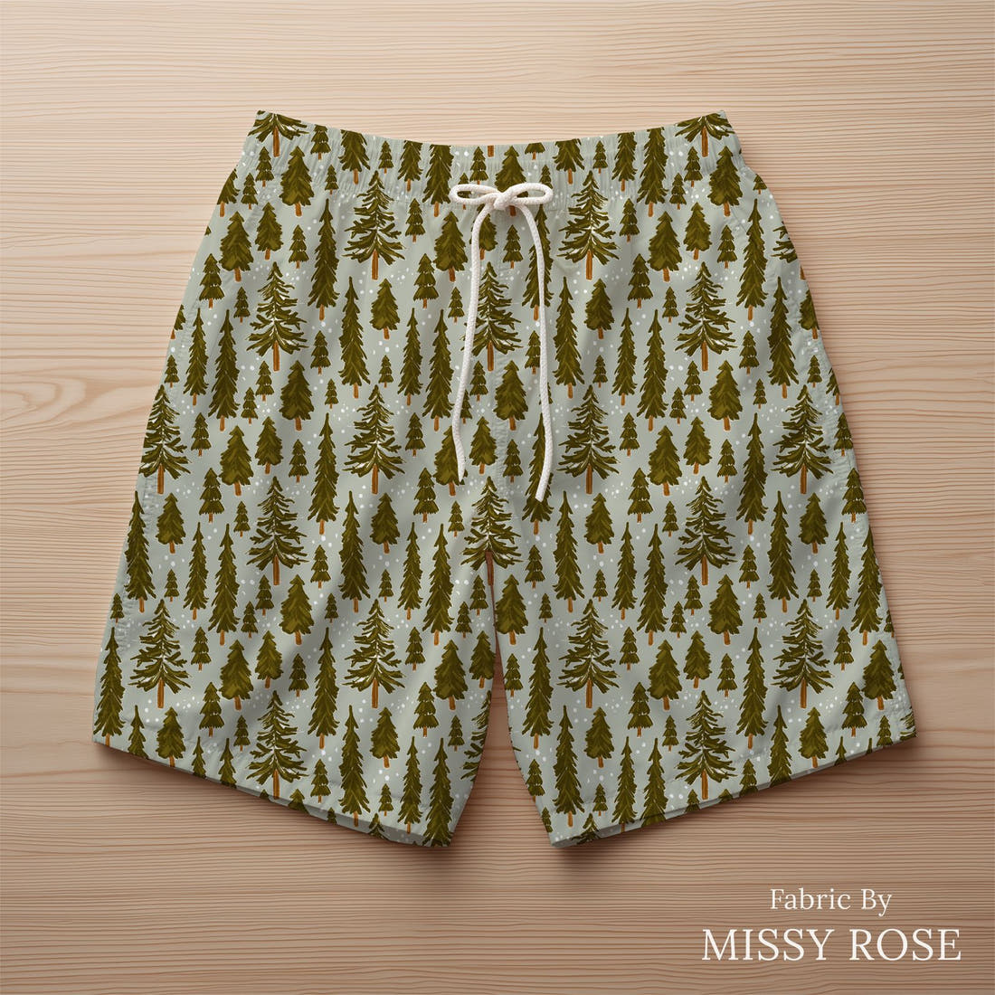 Indy Bloom Fabric Frosty and Bright Snowy Pines 04 sewn into swim shorts - custom printed fabric | Fabric by Missy Rose