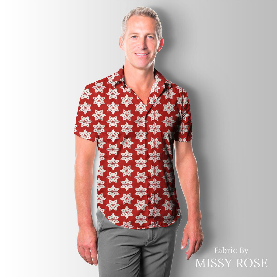 Indy Bloom Fabric Frosty and Bright Stars Cinnamon 08 sewn into a men's shirt - custom printed fabric | Fabric by Missy Rose
