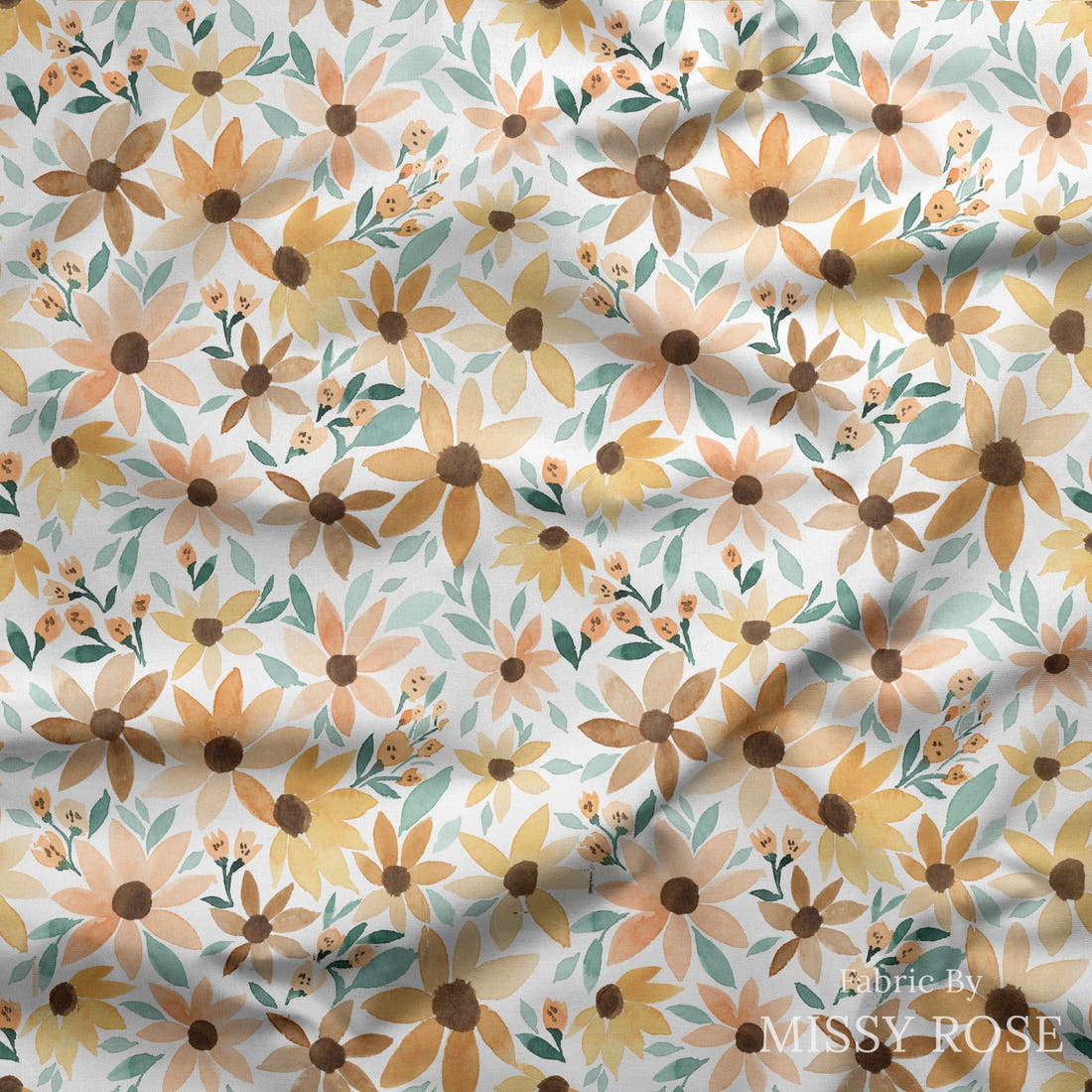 Indy Bloom Fabric Golden Autumn Amber Daisy 10 draped fabric mockup - custom printed fabric by the metre | Fabric by Missy Rose