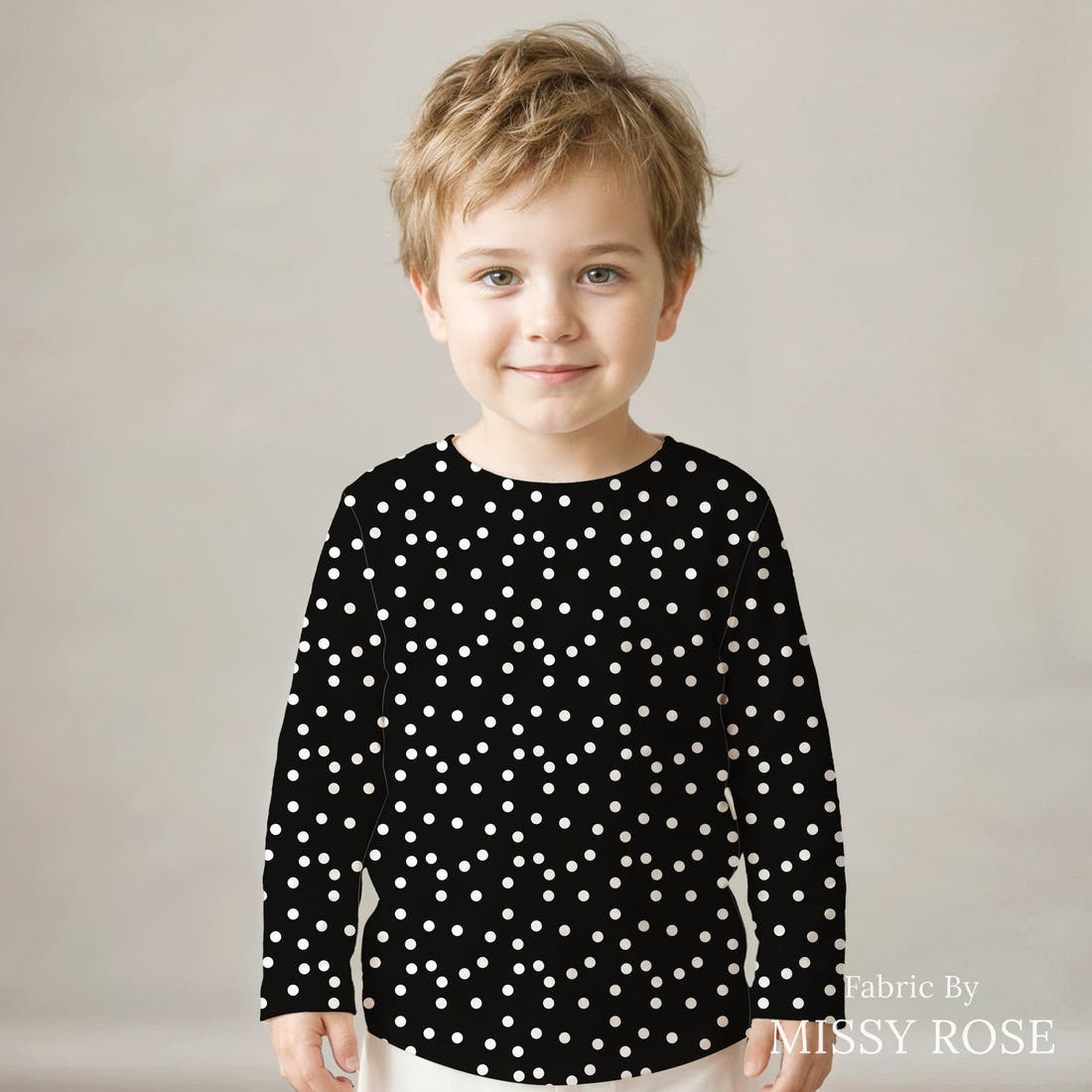 Indy Bloom Fabric Golden Autumn Black Polka 09 sewn into a kids' all-over tee - custom printed fabric | Fabric by Missy Rose
