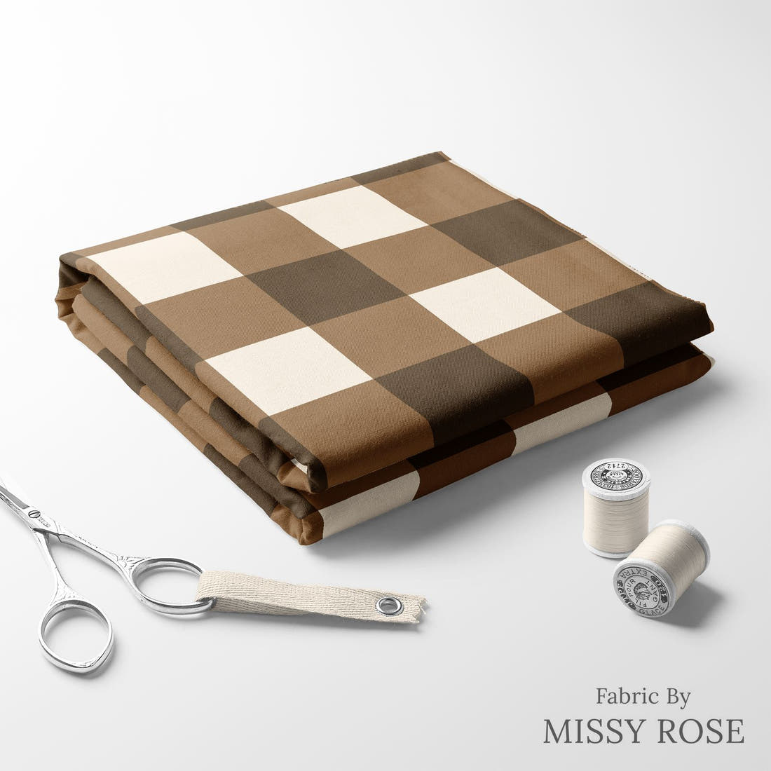 Indy Bloom Fabric Golden Autumn Brown Gingham 04 folded fabric stack with matching thread - pre-order fabric Australia | Fabric by Missy Rose