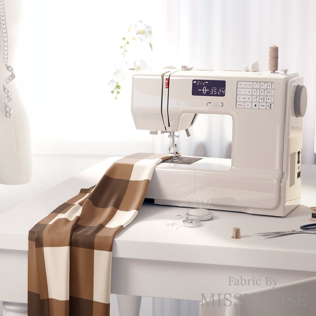 Indy Bloom Fabric Golden Autumn Brown Gingham 04 fabric on a sewing machine - sew your own | Fabric by Missy Rose