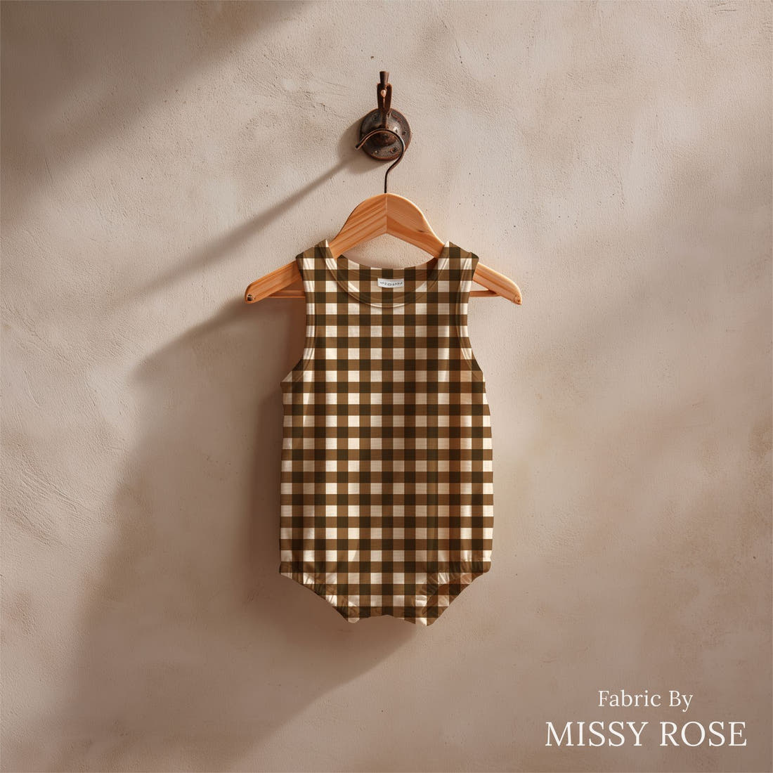 Indy Bloom Fabric Golden Autumn Brown Gingham 04 sewn into a baby romper - custom printed fabric | Fabric by Missy Rose