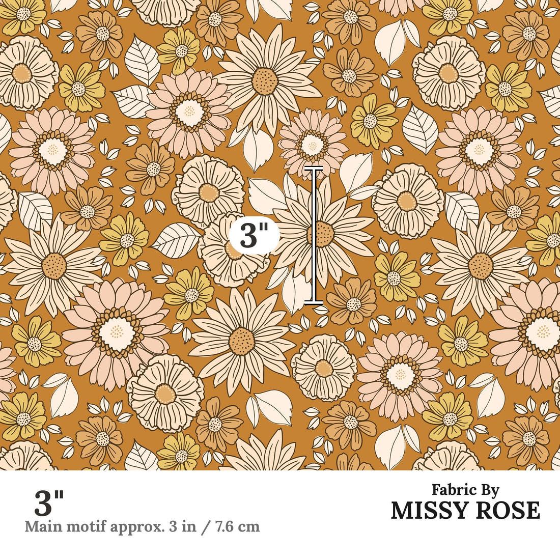 Indy Bloom Fabric Golden Autumn Floral 11 3 inch print scale guide | Fabric by Missy Rose